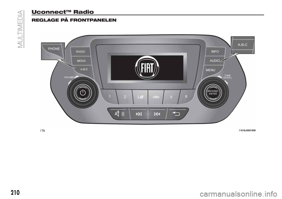FIAT TIPO 4DOORS 2019 Drift- och underhållshandbok (in Swedish) Uconnect™ Radio
REGLAGE PÅ FRONTPANELEN
17611016J0001EM
210
MULTIMEDIA FIAT TIPO 4DOORS 2019 Drift- och underhållshandbok (in Swedish) Uconnect™ Radio
REGLAGE PÅ FRONTPANELEN
17611016J0001EM
210
MULTIMEDIA