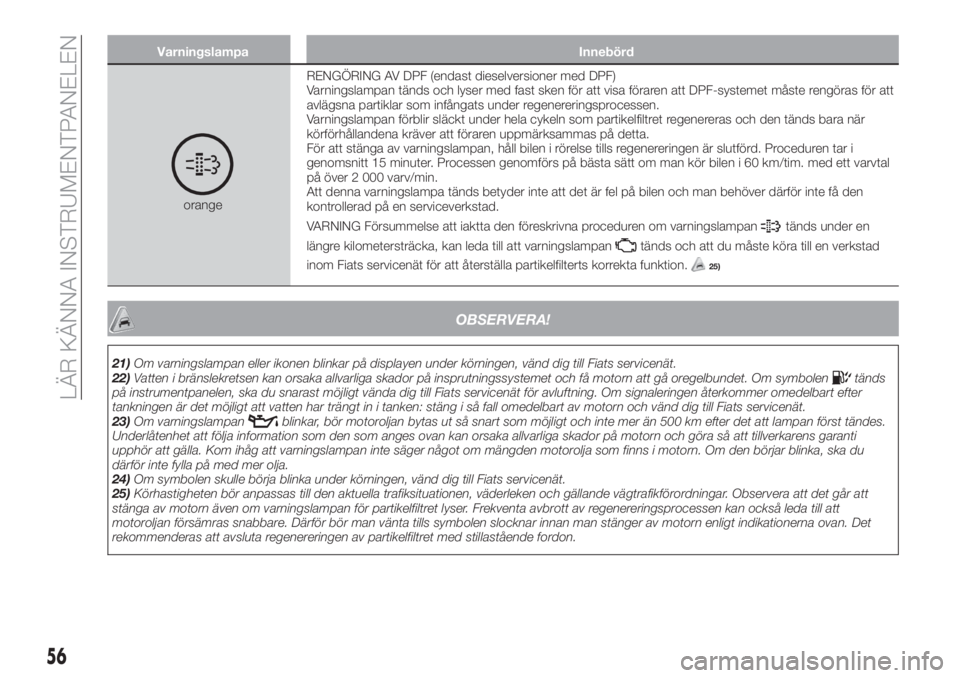 FIAT TIPO 4DOORS 2019  Drift- och underhållshandbok (in Swedish) Varningslampa Innebörd
orangeRENGÖRING AV DPF (endast dieselversioner med DPF)
Varningslampan tänds och lyser med fast sken för att visa föraren att DPF-systemet måste rengöras för att
avlägs