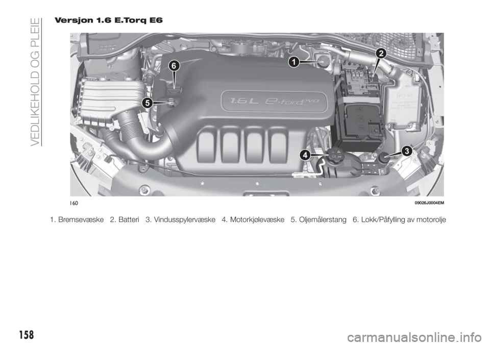 FIAT TIPO 4DOORS 2018 Drift- og vedlikeholdshåndbok (in Norwegian) Versjon 1.6 E.Torq E6
16009026J0004EM
158
VEDLIKEHOLD OG PLEIE
1. Bremsevæske 2. Batteri 3. Vindusspylervæske 4. Motorkjølevæske 5. Oljemålerstang 6. Lokk/Påfylling av motorolje FIAT TIPO 4DOORS 2018 Drift- og vedlikeholdshåndbok (in Norwegian) Versjon 1.6 E.Torq E6
16009026J0004EM
158
VEDLIKEHOLD OG PLEIE
1. Bremsevæske 2. Batteri 3. Vindusspylervæske 4. Motorkjølevæske 5. Oljemålerstang 6. Lokk/Påfylling av motorolje