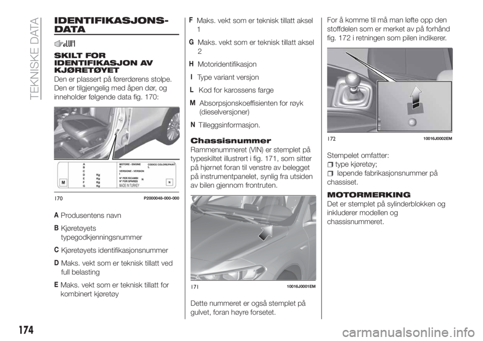 FIAT TIPO 4DOORS 2018 Drift- og vedlikeholdshåndbok (in Norwegian) IDENTIFIKASJONS-
DATA
SKILT FOR
IDENTIFIKASJON AV
KJØRETØYET
Den er plassert på førerdørens stolpe.
Den er tilgjengelig med åpen dør, og
inneholder følgende data fig. 170:
AProdusentens navn
B FIAT TIPO 4DOORS 2018 Drift- og vedlikeholdshåndbok (in Norwegian) IDENTIFIKASJONS-
DATA
SKILT FOR
IDENTIFIKASJON AV
KJØRETØYET
Den er plassert på førerdørens stolpe.
Den er tilgjengelig med åpen dør, og
inneholder følgende data fig. 170:
AProdusentens navn
B