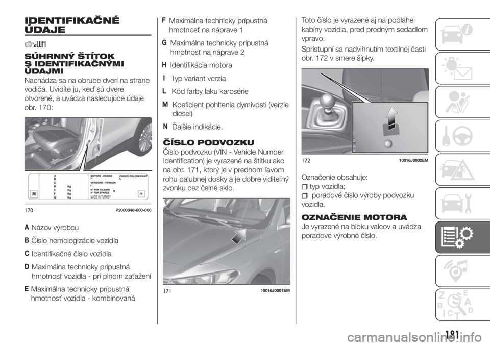 FIAT TIPO 4DOORS 2018  Návod na použitie a údržbu (in Slovakian) IDENTIFIKAČNÉ
ÚDAJE
SÚHRNNÝ ŠTÍTOK
S IDENTIFIKAČNÝMI
ÚDAJMI
Nachádza sa na obrube dverí na strane
vodiča. Uvidíte ju, keď sú dvere
otvorené, a uvádza nasledujúce údaje
obr. 170:
AN