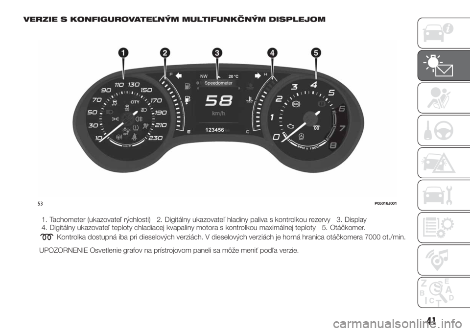FIAT TIPO 4DOORS 2018  Návod na použitie a údržbu (in Slovakian) VERZIE S KONFIGUROVATEĽNÝM MULTIFUNKČNÝM DISPLEJOM
1. Tachometer (ukazovateľ rýchlosti) 2. Digitálny ukazovateľ hladiny paliva s kontrolkou rezervy 3. Display
4. Digitálny ukazovateľ teploty