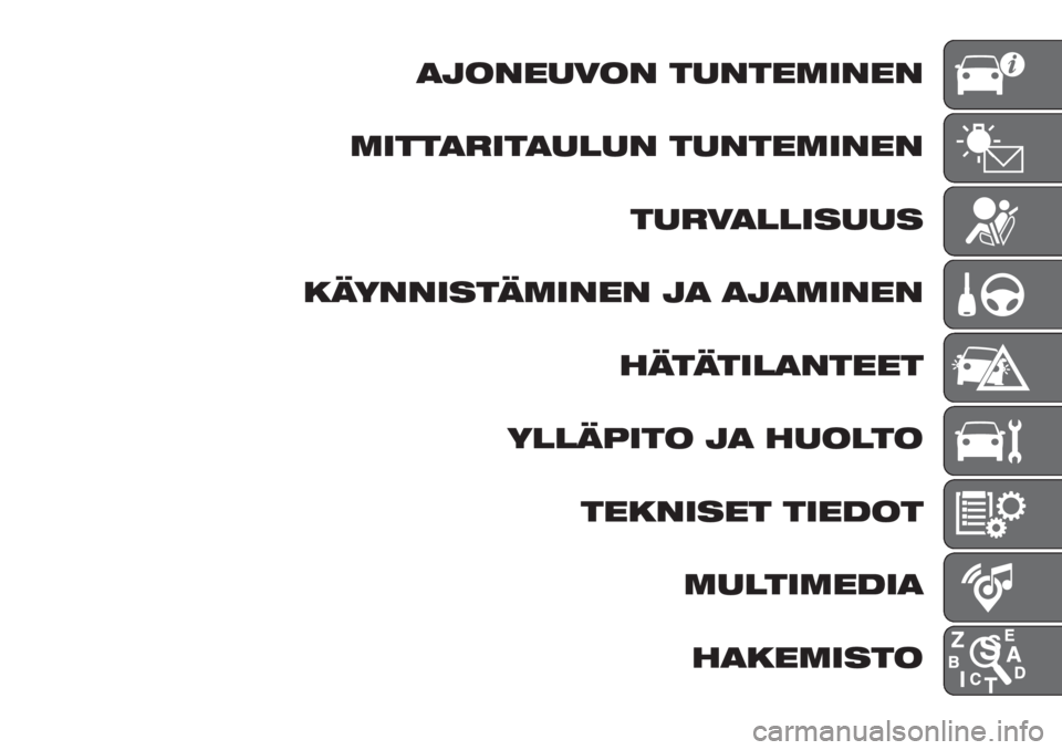 FIAT TIPO 4DOORS 2018 Käyttö- ja huolto-ohjekirja (in in Finnish) AJONEUVON TUNTEMINEN
MITTARITAULUN TUNTEMINEN
TURVALLISUUS
KÄYNNISTÄMINEN JA AJAMINEN
HÄTÄTILANTEET
YLLÄPITO JA HUOLTO
TEKNISET TIEDOT
MULTIMEDIA
HAKEMISTO FIAT TIPO 4DOORS 2018 Käyttö- ja huolto-ohjekirja (in in Finnish) AJONEUVON TUNTEMINEN
MITTARITAULUN TUNTEMINEN
TURVALLISUUS
KÄYNNISTÄMINEN JA AJAMINEN
HÄTÄTILANTEET
YLLÄPITO JA HUOLTO
TEKNISET TIEDOT
MULTIMEDIA
HAKEMISTO