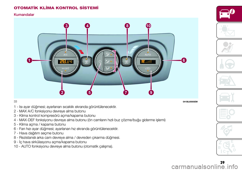 FIAT TIPO 4DOORS 2020  Kullanıcı el kitabı (in Turkish) 29
OTOMATİK KLİMA KONTROL SİSTEMİ
Kumandalar
33 04156J0005EM
1 - Isı ayar düğmesi; ayarlanan sıcaklık ekranda görüntülenecektir.
2 - MAX A/C fonksiyonu devreye alma butonu
3 - Klima kontro