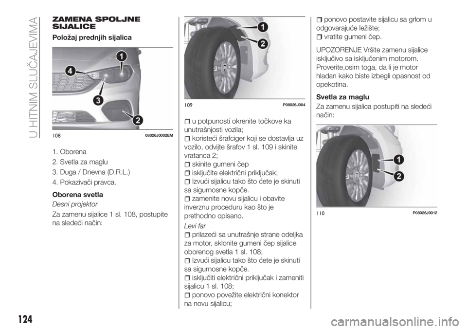 FIAT TIPO 4DOORS 2018 Knjižica za upotrebu i održavanje (in Serbian) ZAMENA SPOLJNE
SIJALICE
Položaj prednjih sijalica
1. Oborena
2. Svetla za maglu
3. Duga / Dnevna (D.R.L.)
4. Pokazivači pravca.
Oborena svetla
Desni projektor
Za zamenu sijalice 1 sl. 108, postupite FIAT TIPO 4DOORS 2018 Knjižica za upotrebu i održavanje (in Serbian) ZAMENA SPOLJNE
SIJALICE
Položaj prednjih sijalica
1. Oborena
2. Svetla za maglu
3. Duga / Dnevna (D.R.L.)
4. Pokazivači pravca.
Oborena svetla
Desni projektor
Za zamenu sijalice 1 sl. 108, postupite