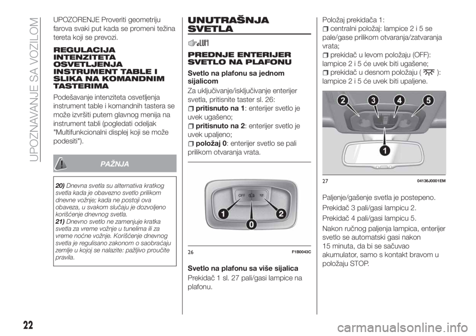 FIAT TIPO 4DOORS 2018  Knjižica za upotrebu i održavanje (in Serbian) UPOZORENJE Proveriti geometriju
farova svaki put kada se promeni težina
tereta koji se prevozi.
REGULACIJA
INTENZITETA
OSVETLJENJA
INSTRUMENT TABLE I
SLIKA NA KOMANDNIM
TASTERIMA
Podešavanje intenzi