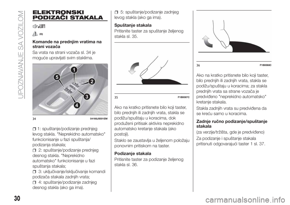 FIAT TIPO 4DOORS 2018  Knjižica za upotrebu i održavanje (in Serbian) ELEKTRONSKI
PODIZAČI STAKALA
23)
Komande na prednjim vratima na
strani vozača
Sa vrata na strani vozača sl. 34 je
moguće upravljati svim staklima.
1: spuštanje/podizanje prednjeg
levog stakla. &#