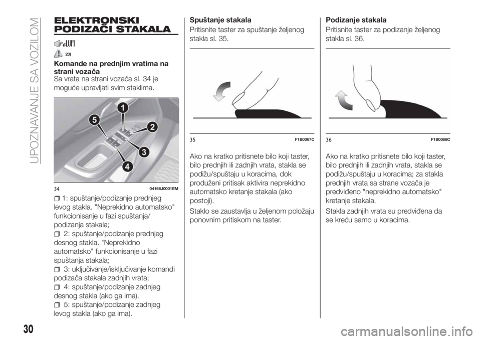 FIAT TIPO 4DOORS 2020  Knjižica za upotrebu i održavanje (in Serbian) ELEKTRONSKI
PODIZAČI STAKALA
23)
Komande na prednjim vratima na
strani vozača
Sa vrata na strani vozača sl. 34 je
moguće upravljati svim staklima.
1: spuštanje/podizanje prednjeg
levog stakla. &#