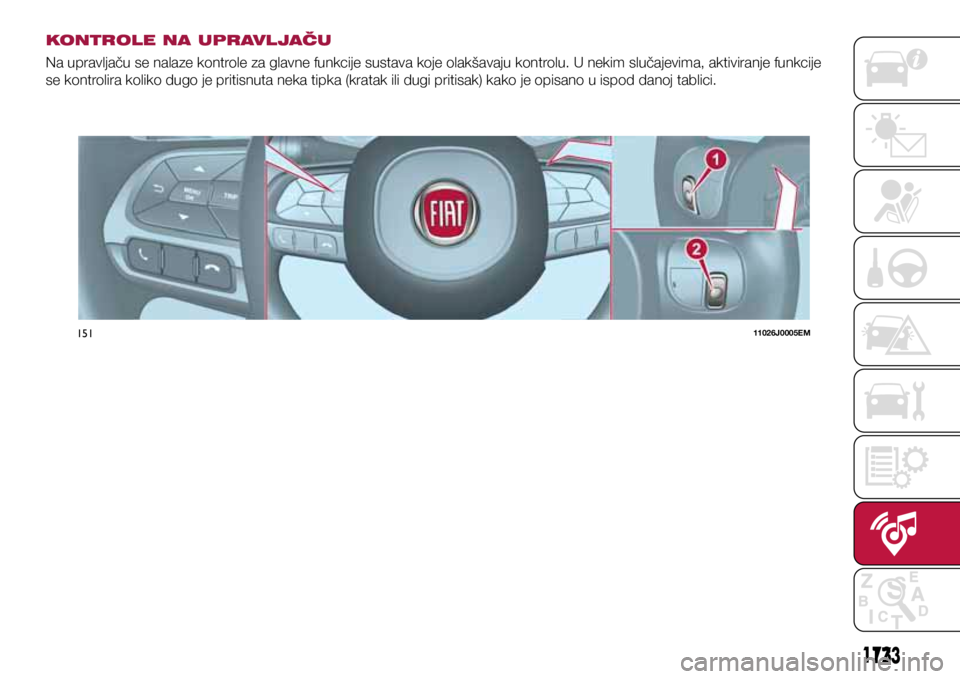 FIAT TIPO 4DOORS 2018 Knjižica s uputama za uporabu i održavanje (in Croatian) 15111026J0005EM
173173
KONTROLE NA UPRAVLJAČU
Na upravljaču se nalaze kontrole za glavne funkcije sustava koje olakšavaju kontrolu. U nekim slučajevima, aktiviranje funkcije
se kontrolira koliko FIAT TIPO 4DOORS 2018 Knjižica s uputama za uporabu i održavanje (in Croatian) 15111026J0005EM
173173
KONTROLE NA UPRAVLJAČU
Na upravljaču se nalaze kontrole za glavne funkcije sustava koje olakšavaju kontrolu. U nekim slučajevima, aktiviranje funkcije
se kontrolira koliko