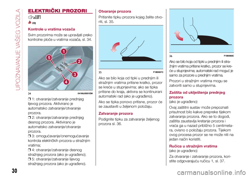 FIAT TIPO 4DOORS 2019  Knjižica s uputama za uporabu i održavanje (in Croatian) 3404166J0001EM
35F1B0067C
36F1B0068C
ELEKTRIČKI PROZORI
 23)
Kontrole u vratima vozača
Svim prozorima može se upravljati preko 
kontrolne ploče u vratima vozača, sl. 34. 
❒ 1: otvaranje/zatvara