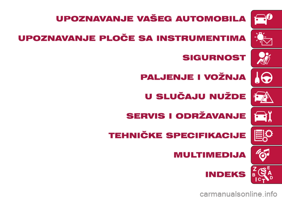 FIAT TIPO 4DOORS 2018  Knjižica s uputama za uporabu i održavanje (in Croatian) UPOZNAVANJE VAŠEG AUTOMOBIL A
UPOZNAVANJE PLOČE SA INSTRUMENTIMA SIGURNOST
PALJENJE I VOŽNJA U SLUČAJU NUŽDE
SERVIS I ODRŽAVANJE
TEHNIČKE SPECIFIKACIJE MULTIMEDIJAINDEKS 