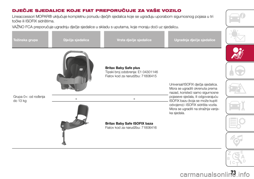 FIAT TIPO 4DOORS 2020  Knjižica s uputama za uporabu i održavanje (in Croatian) DJEČJE SJEDALICE KOJE FIAT PREPORUČUJE ZA VAŠE VOZILO
Lineaccessori MOPAR® uključuje kompletnu ponudu dječjih sjedalica koje se ugrađuju uporabom sigurnosnog pojasa u tri 
točke ili ISOFIX sid