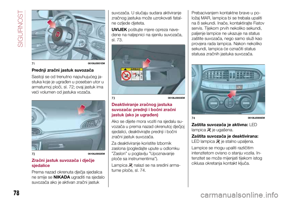 FIAT TIPO 4DOORS 2020  Knjižica s uputama za uporabu i održavanje (in Croatian) 7106106J0001EM
7206106J0002EM
7306106J0003EM
7406106J0006EM
Prednji zračni jastuk suvozača
Sastoji se od trenutno napuhujućeg ja-
stuka koje je ugrađen u poseban utor u 
armaturnoj ploči, sl. 72;