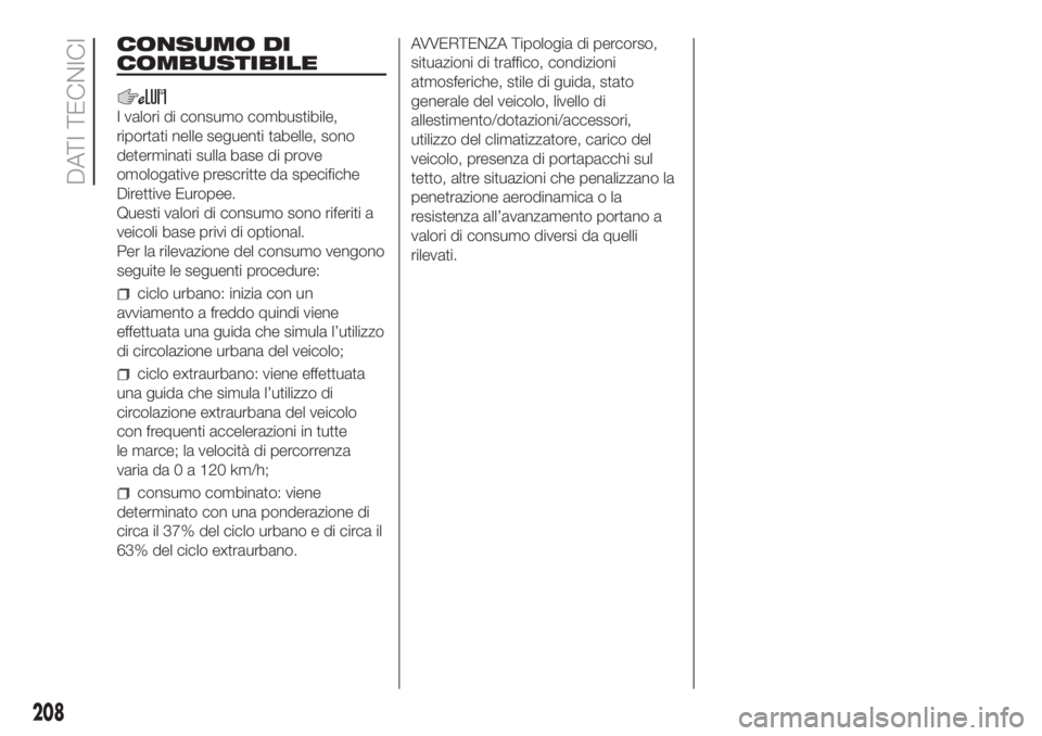 FIAT DOBLO PANORAMA 2018  Libretto Uso Manutenzione (in Italian) CONSUMO DI
COMBUSTIBILE
I valori di consumo combustibile,
riportati nelle seguenti tabelle, sono
determinati sulla base di prove
omologative prescritte da specifiche
Direttive Europee.
Questi valori d