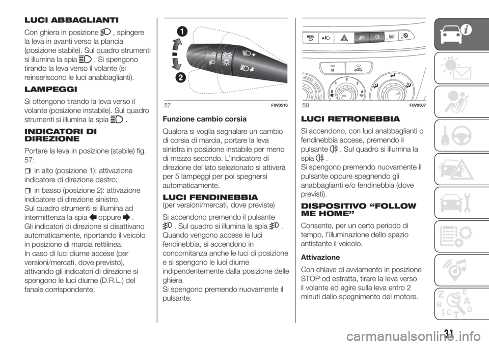 FIAT DOBLO PANORAMA 2018  Libretto Uso Manutenzione (in Italian) LUCI ABBAGLIANTI
Con ghiera in posizione
, spingere
la leva in avanti verso la plancia
(posizione stabile). Sul quadro strumenti
si illumina la spia
. Si spengono
tirando la leva verso il volante (si
