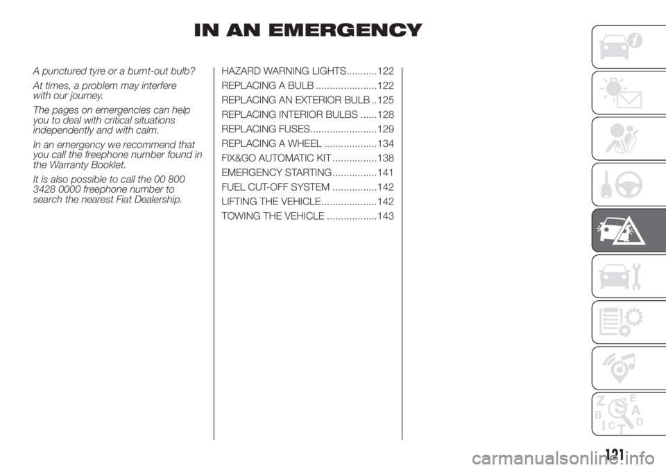 FIAT DOBLO PANORAMA 2018 Owner handbook (in English) IN AN EMERGENCY
A punctured tyre or a burnt-out bulb?
At times, a problem may interfere
with our journey.
The pages on emergencies can help
you to deal with critical situations
independently and with FIAT DOBLO PANORAMA 2018 Owner handbook (in English) IN AN EMERGENCY
A punctured tyre or a burnt-out bulb?
At times, a problem may interfere
with our journey.
The pages on emergencies can help
you to deal with critical situations
independently and with