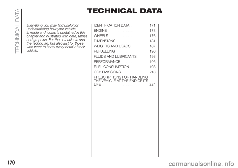FIAT DOBLO PANORAMA 2018 Owner handbook (in English) TECHNICAL DATA
Everything you may find useful for
understanding how your vehicle
is made and works is contained in this
chapter and illustrated with data, tables
and graphics. For the enthusiasts and
FIAT DOBLO PANORAMA 2018 Owner handbook (in English) TECHNICAL DATA
Everything you may find useful for
understanding how your vehicle
is made and works is contained in this
chapter and illustrated with data, tables
and graphics. For the enthusiasts and