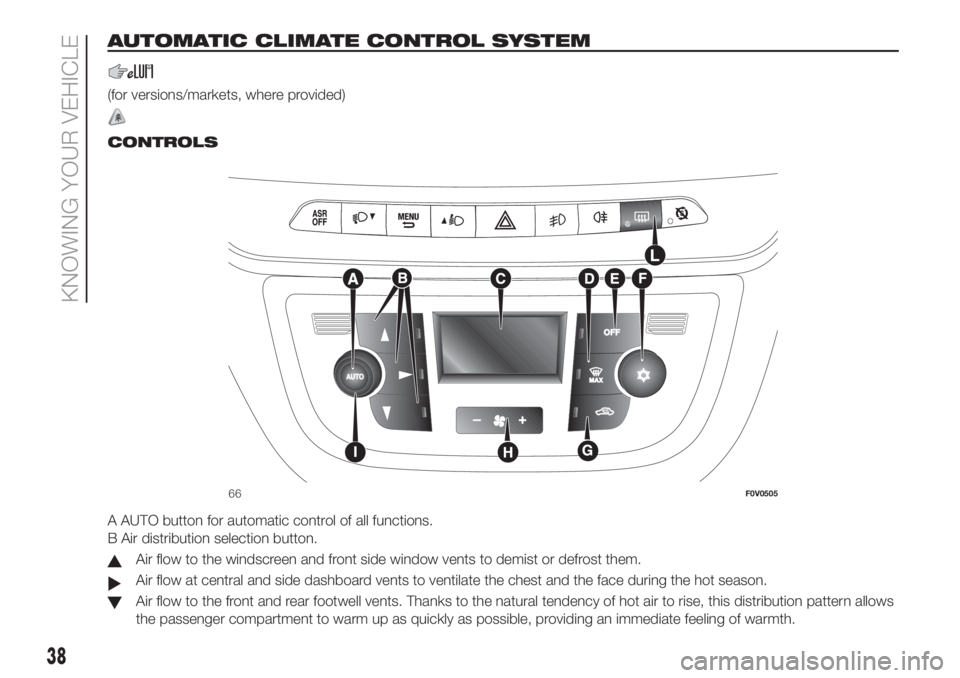 FIAT DOBLO PANORAMA 2018 Owner handbook (in English) AUTOMATIC CLIMATE CONTROL SYSTEM
(for versions/markets, where provided)
.
CONTROLS
A AUTO button for automatic control of all functions.
B Air distribution selection button.
Air flow to the windscreen FIAT DOBLO PANORAMA 2018 Owner handbook (in English) AUTOMATIC CLIMATE CONTROL SYSTEM
(for versions/markets, where provided)
.
CONTROLS
A AUTO button for automatic control of all functions.
B Air distribution selection button.
Air flow to the windscreen