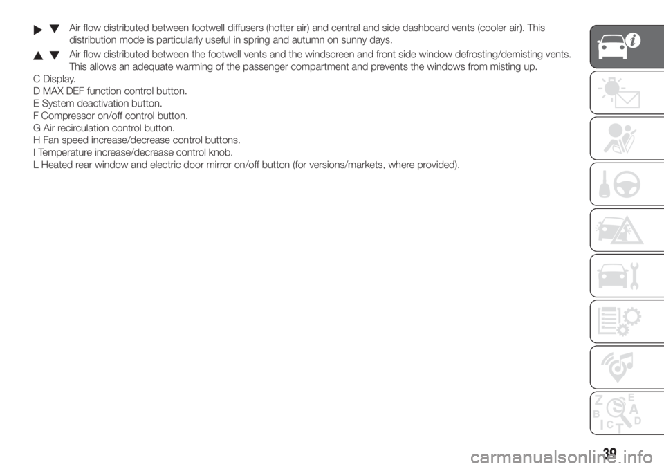 FIAT DOBLO PANORAMA 2018  Owner handbook (in English) Air flow distributed between footwell diffusers (hotter air) and central and side dashboard vents (cooler air). This
distribution mode is particularly useful in spring and autumn on sunny days.
Air fl