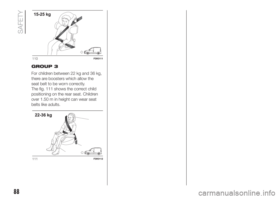 FIAT DOBLO PANORAMA 2018 Owner handbook (in English) GROUP 3
For children between 22 kg and 36 kg,
there are boosters which allow the
seat belt to be worn correctly.
The fig. 111 shows the correct child
positioning on the rear seat. Children
over 1.50 m FIAT DOBLO PANORAMA 2018 Owner handbook (in English) GROUP 3
For children between 22 kg and 36 kg,
there are boosters which allow the
seat belt to be worn correctly.
The fig. 111 shows the correct child
positioning on the rear seat. Children
over 1.50 m