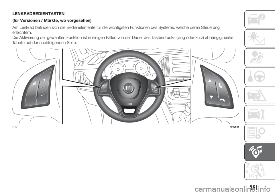 FIAT DOBLO PANORAMA 2018 Betriebsanleitung (in German) 251
LENKRADBEDIENTASTEN
(für Versionen / Märkte, wo vorgesehen)
Am Lenkrad befinden sich die Bedienelemente für die wichtigsten Funktionen des Systems, welche deren Steuerung
erleichtern.
Die Aktiv FIAT DOBLO PANORAMA 2018 Betriebsanleitung (in German) 251
LENKRADBEDIENTASTEN
(für Versionen / Märkte, wo vorgesehen)
Am Lenkrad befinden sich die Bedienelemente für die wichtigsten Funktionen des Systems, welche deren Steuerung
erleichtern.
Die Aktiv