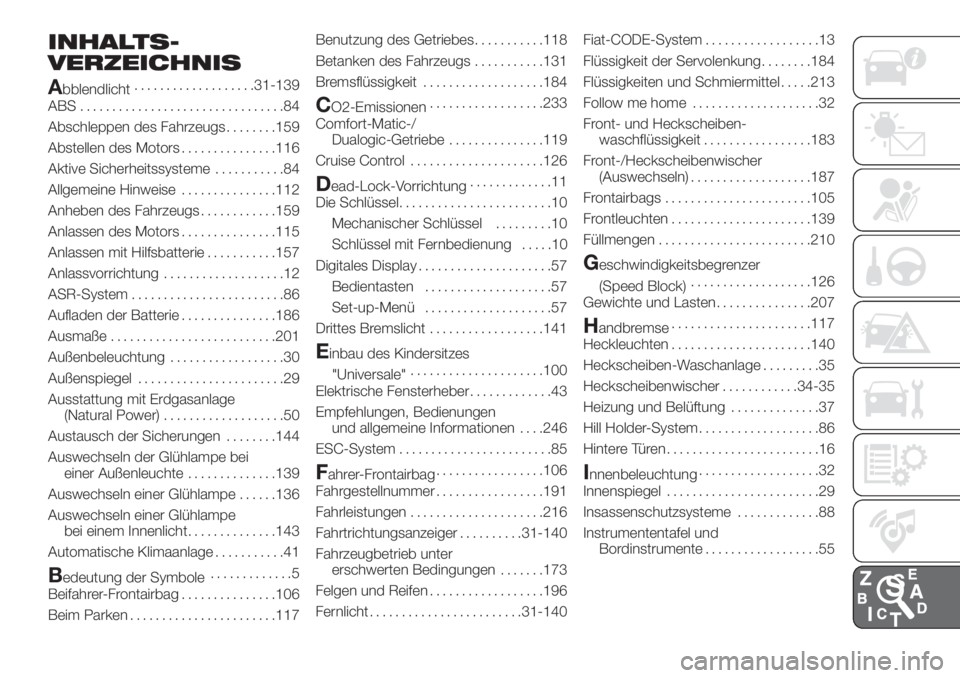 FIAT DOBLO PANORAMA 2018  Betriebsanleitung (in German) INHALTS-
VERZEICHNIS
A
bblendlicht...................31-139
ABS ................................84
Abschleppen des Fahrzeugs........159
Abstellen des Motors...............116
Aktive Sicherheitssysteme