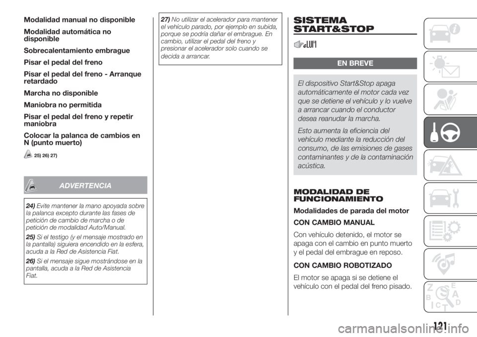FIAT DOBLO PANORAMA 2018 Manual de Empleo y Cuidado (in Spanish) Modalidad manual no disponible
Modalidad automática no
disponible
Sobrecalentamiento embrague
Pisar el pedal del freno
Pisar el pedal del freno - Arranque
retardado
Marcha no disponible
Maniobra no p FIAT DOBLO PANORAMA 2018 Manual de Empleo y Cuidado (in Spanish) Modalidad manual no disponible
Modalidad automática no
disponible
Sobrecalentamiento embrague
Pisar el pedal del freno
Pisar el pedal del freno - Arranque
retardado
Marcha no disponible
Maniobra no p