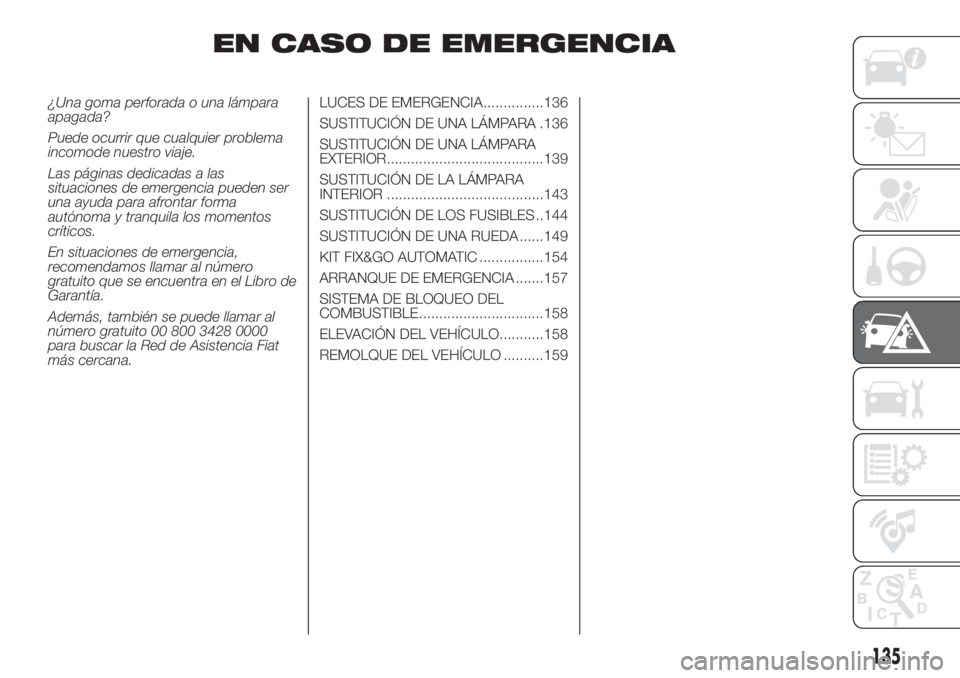 FIAT DOBLO PANORAMA 2018 Manual de Empleo y Cuidado (in Spanish) EN CASO DE EMERGENCIA
¿Una goma perforada o una lámpara
apagada?
Puede ocurrir que cualquier problema
incomode nuestro viaje.
Las páginas dedicadas a las
situaciones de emergencia pueden ser
una ay FIAT DOBLO PANORAMA 2018 Manual de Empleo y Cuidado (in Spanish) EN CASO DE EMERGENCIA
¿Una goma perforada o una lámpara
apagada?
Puede ocurrir que cualquier problema
incomode nuestro viaje.
Las páginas dedicadas a las
situaciones de emergencia pueden ser
una ay