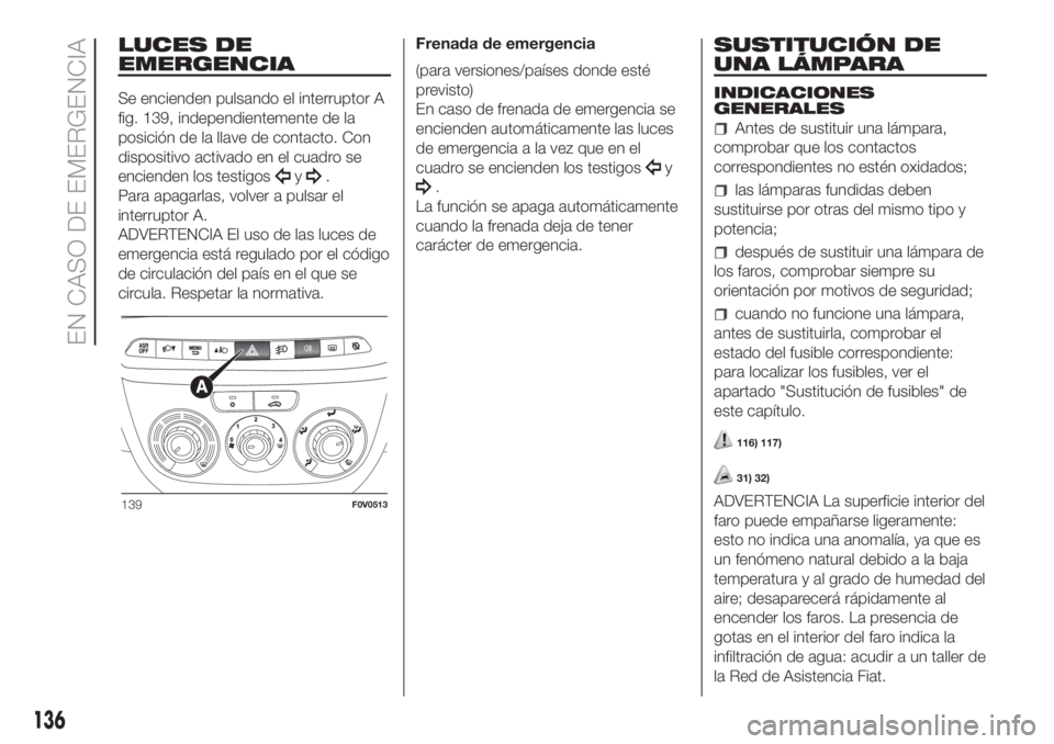 FIAT DOBLO PANORAMA 2018 Manual de Empleo y Cuidado (in Spanish) LUCES DE
EMERGENCIA
Se encienden pulsando el interruptor A
fig. 139, independientemente de la
posición de la llave de contacto. Con
dispositivo activado en el cuadro se
encienden los testigos
y.
Para FIAT DOBLO PANORAMA 2018 Manual de Empleo y Cuidado (in Spanish) LUCES DE
EMERGENCIA
Se encienden pulsando el interruptor A
fig. 139, independientemente de la
posición de la llave de contacto. Con
dispositivo activado en el cuadro se
encienden los testigos
y.
Para