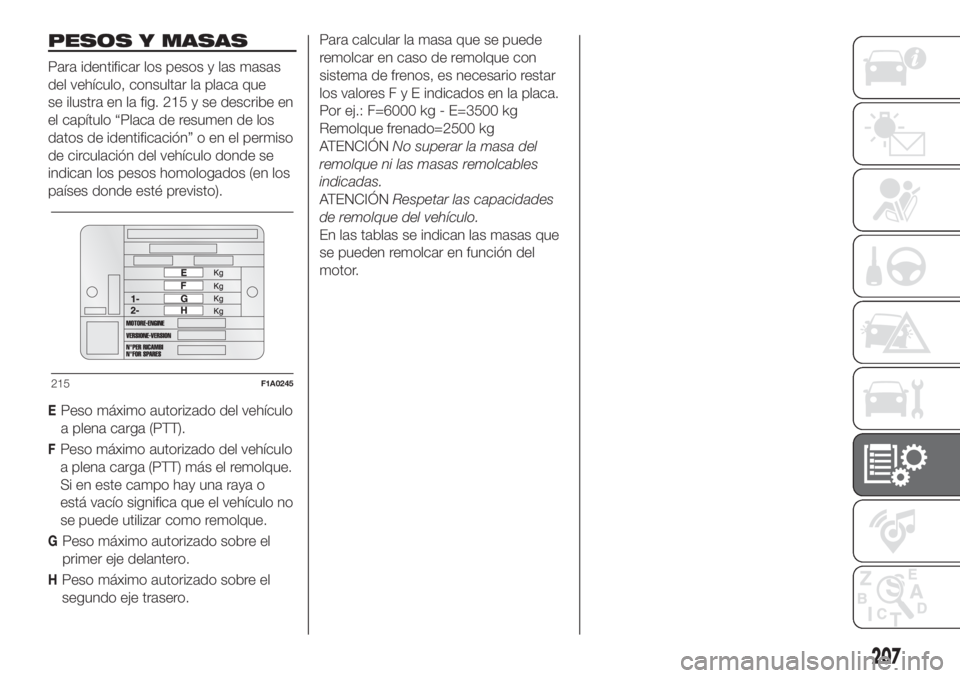 FIAT DOBLO PANORAMA 2018 Manual de Empleo y Cuidado (in Spanish) PESOS Y MASAS
Para identificar los pesos y las masas
del vehículo, consultar la placa que
se ilustra en la fig. 215 y se describe en
el capítulo “Placa de resumen de los
datos de identificación FIAT DOBLO PANORAMA 2018 Manual de Empleo y Cuidado (in Spanish) PESOS Y MASAS
Para identificar los pesos y las masas
del vehículo, consultar la placa que
se ilustra en la fig. 215 y se describe en
el capítulo “Placa de resumen de los
datos de identificación