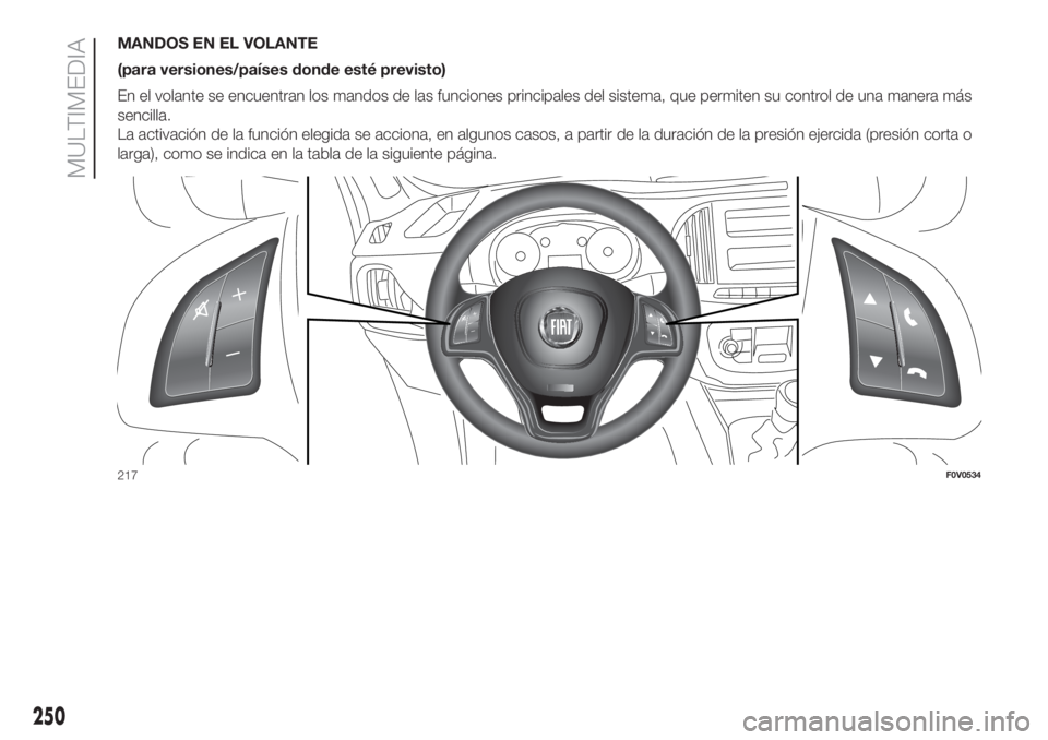 FIAT DOBLO PANORAMA 2018 Manual de Empleo y Cuidado (in Spanish) MANDOS EN EL VOLANTE
(para versiones/países donde esté previsto)
En el volante se encuentran los mandos de las funciones principales del sistema, que permiten su control de una manera más
sencilla. FIAT DOBLO PANORAMA 2018 Manual de Empleo y Cuidado (in Spanish) MANDOS EN EL VOLANTE
(para versiones/países donde esté previsto)
En el volante se encuentran los mandos de las funciones principales del sistema, que permiten su control de una manera más
sencilla.