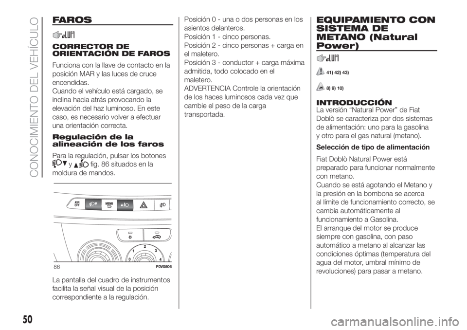 FIAT DOBLO PANORAMA 2018 Manual de Empleo y Cuidado (in Spanish) FAROS
CORRECTOR DE
ORIENTACIÓN DE FAROS
Funciona con la llave de contacto en la
posición MAR y las luces de cruce
encendidas.
Cuando el vehículo está cargado, se
inclina hacia atrás provocando la FIAT DOBLO PANORAMA 2018 Manual de Empleo y Cuidado (in Spanish) FAROS
CORRECTOR DE
ORIENTACIÓN DE FAROS
Funciona con la llave de contacto en la
posición MAR y las luces de cruce
encendidas.
Cuando el vehículo está cargado, se
inclina hacia atrás provocando la