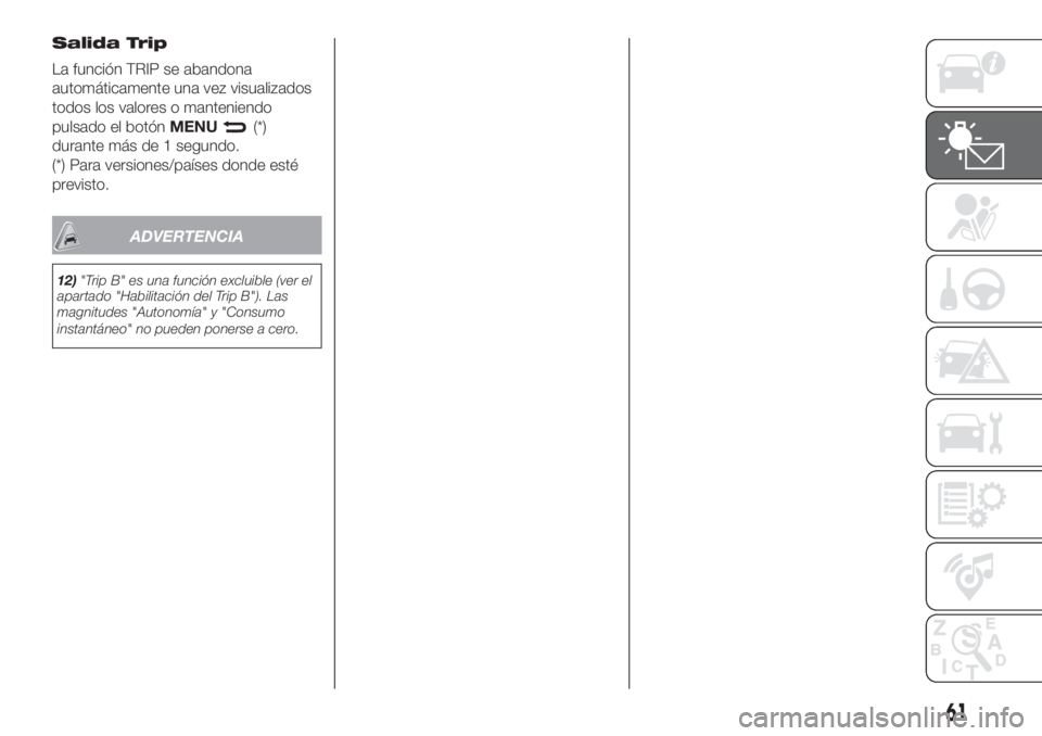 FIAT DOBLO PANORAMA 2018 Manual de Empleo y Cuidado (in Spanish) Salida Trip
La función TRIP se abandona
automáticamente una vez visualizados
todos los valores o manteniendo
pulsado el botónMENU
(*)
durante más de 1 segundo.
(*) Para versiones/países donde est FIAT DOBLO PANORAMA 2018 Manual de Empleo y Cuidado (in Spanish) Salida Trip
La función TRIP se abandona
automáticamente una vez visualizados
todos los valores o manteniendo
pulsado el botónMENU
(*)
durante más de 1 segundo.
(*) Para versiones/países donde est