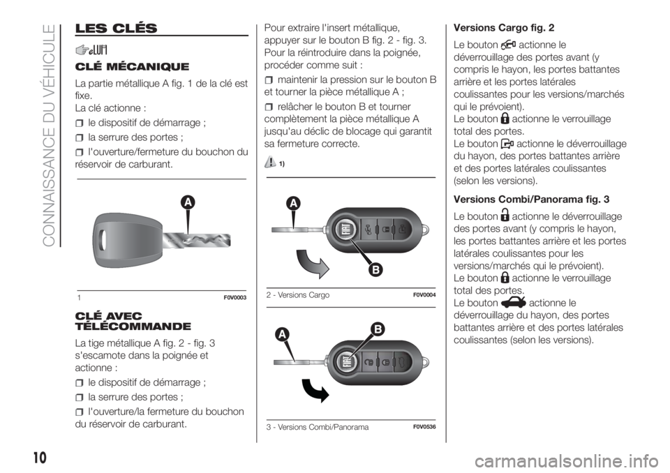 FIAT DOBLO PANORAMA 2018 Notice dentretien (in French) LES CLÉS
CLÉ MÉCANIQUE
La partie métallique A fig. 1 de la clé est
fixe.
La clé actionne :
le dispositif de démarrage ;
la serrure des portes ;
l'ouverture/fermeture du bouchon du
réservoi FIAT DOBLO PANORAMA 2018 Notice dentretien (in French) LES CLÉS
CLÉ MÉCANIQUE
La partie métallique A fig. 1 de la clé est
fixe.
La clé actionne :
le dispositif de démarrage ;
la serrure des portes ;
l'ouverture/fermeture du bouchon du
réservoi