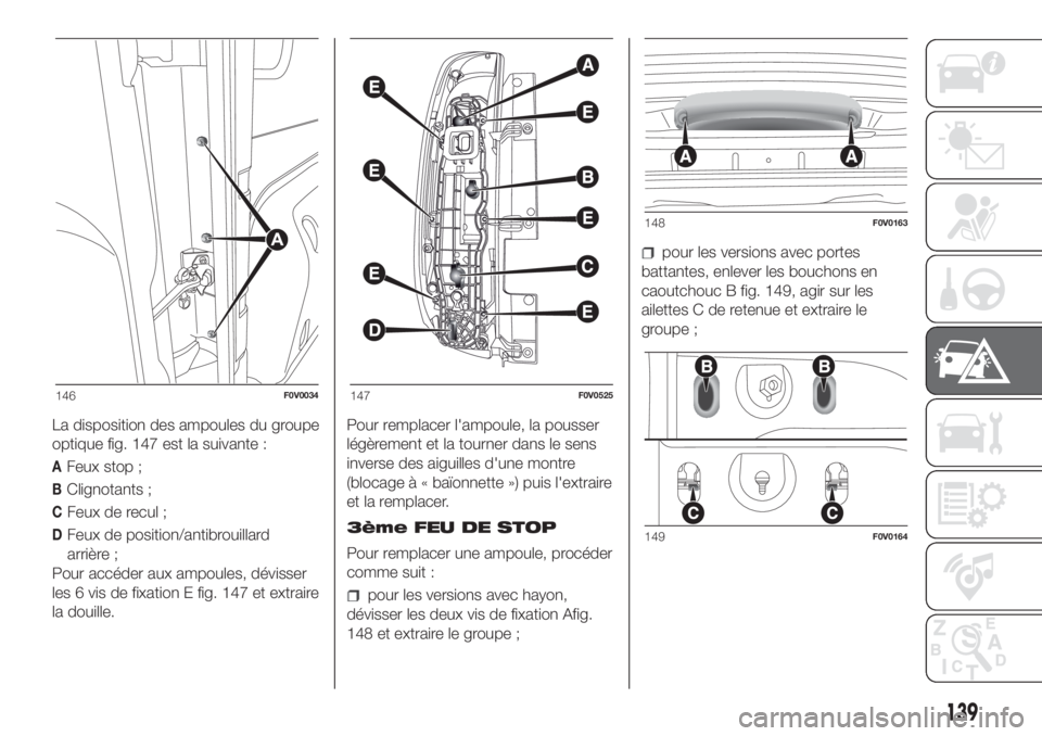 FIAT DOBLO PANORAMA 2018 Notice dentretien (in French) La disposition des ampoules du groupe
optique fig. 147 est la suivante :
AFeux stop ;
BClignotants ;
CFeux de recul ;
DFeux de position/antibrouillard
arrière ;
Pour accéder aux ampoules, dévisser
FIAT DOBLO PANORAMA 2018 Notice dentretien (in French) La disposition des ampoules du groupe
optique fig. 147 est la suivante :
AFeux stop ;
BClignotants ;
CFeux de recul ;
DFeux de position/antibrouillard
arrière ;
Pour accéder aux ampoules, dévisser