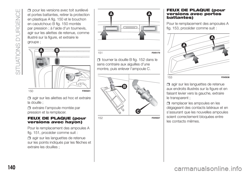 FIAT DOBLO PANORAMA 2018 Notice dentretien (in French) pour les versions avec toit surélevé
et portes battantes, retirer la protection
en plastique A fig. 150 et le bouchon
en caoutchouc B fig. 150 montés
par pression ; à l'aide d'un tournevis FIAT DOBLO PANORAMA 2018 Notice dentretien (in French) pour les versions avec toit surélevé
et portes battantes, retirer la protection
en plastique A fig. 150 et le bouchon
en caoutchouc B fig. 150 montés
par pression ; à l'aide d'un tournevis