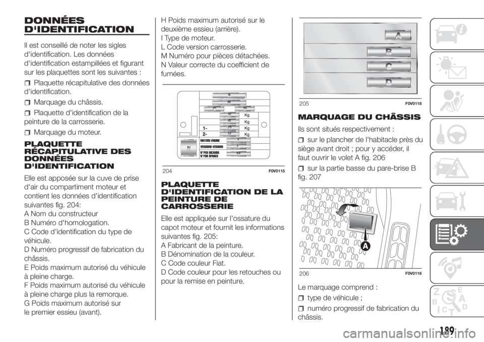 FIAT DOBLO PANORAMA 2018 Notice dentretien (in French) DONNÉES
D'IDENTIFICATION
Il est conseillé de noter les sigles
d'identification. Les données
d'identification estampillées et figurant
sur les plaquettes sont les suivantes :
Plaquette FIAT DOBLO PANORAMA 2018 Notice dentretien (in French) DONNÉES
D'IDENTIFICATION
Il est conseillé de noter les sigles
d'identification. Les données
d'identification estampillées et figurant
sur les plaquettes sont les suivantes :
Plaquette