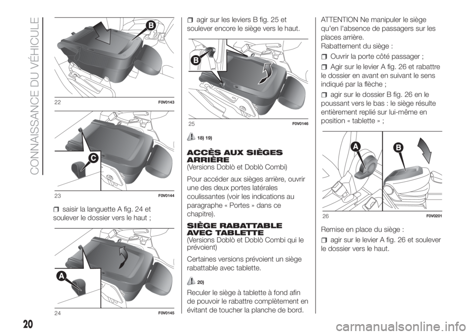 FIAT DOBLO PANORAMA 2018 Notice dentretien (in French) saisir la languette A fig. 24 et
soulever le dossier vers le haut ;
agir sur les leviers B fig. 25 et
soulever encore le siège vers le haut.
18) 19)
ACCÈS AUX SIÈGES
ARRIÈRE
(Versions Doblò et Do FIAT DOBLO PANORAMA 2018 Notice dentretien (in French) saisir la languette A fig. 24 et
soulever le dossier vers le haut ;
agir sur les leviers B fig. 25 et
soulever encore le siège vers le haut.
18) 19)
ACCÈS AUX SIÈGES
ARRIÈRE
(Versions Doblò et Do