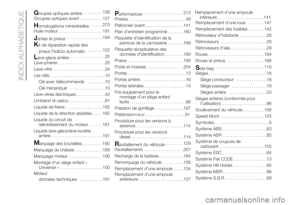 FIAT DOBLO PANORAMA 2018  Notice dentretien (in French) Groupes optiques arrière..........138
Groupes optiques avant............137
Homologations ministérielles.......270
Huile moteur.......................181
Jantes et pneus...................194
Kit de