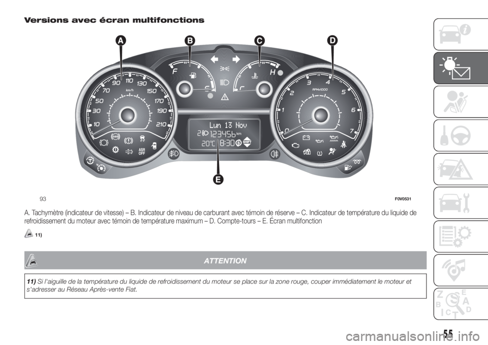 FIAT DOBLO PANORAMA 2018 Notice dentretien (in French) Versions avec écran multifonctions
A. Tachymètre (indicateur de vitesse) – B. Indicateur de niveau de carburant avec témoin de réserve – C. Indicateur de température du liquide de
refroidisse FIAT DOBLO PANORAMA 2018 Notice dentretien (in French) Versions avec écran multifonctions
A. Tachymètre (indicateur de vitesse) – B. Indicateur de niveau de carburant avec témoin de réserve – C. Indicateur de température du liquide de
refroidisse