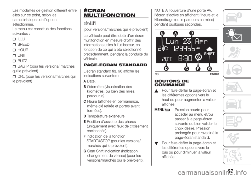 FIAT DOBLO PANORAMA 2018 Notice dentretien (in French) Les modalités de gestion diffèrent entre
elles sur ce point, selon les
caractéristiques de l'option
sélectionnée.
Le menu est constitué des fonctions
suivantes :
ILLU
SPEED
HOUR
UNIT
BUZZ
BA FIAT DOBLO PANORAMA 2018 Notice dentretien (in French) Les modalités de gestion diffèrent entre
elles sur ce point, selon les
caractéristiques de l'option
sélectionnée.
Le menu est constitué des fonctions
suivantes :
ILLU
SPEED
HOUR
UNIT
BUZZ
BA