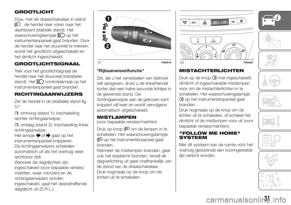 FIAT DOBLO PANORAMA 2018  Instructieboek (in Dutch) GROOTLICHT
Duw, met de draaischakelaar in stand
, de hendel naar voren naar het
dashboard (stabiele stand). Het
waarschuwingslampje
op het
instrumentenpaneel gaat branden. Door
de hendel naar het stuu