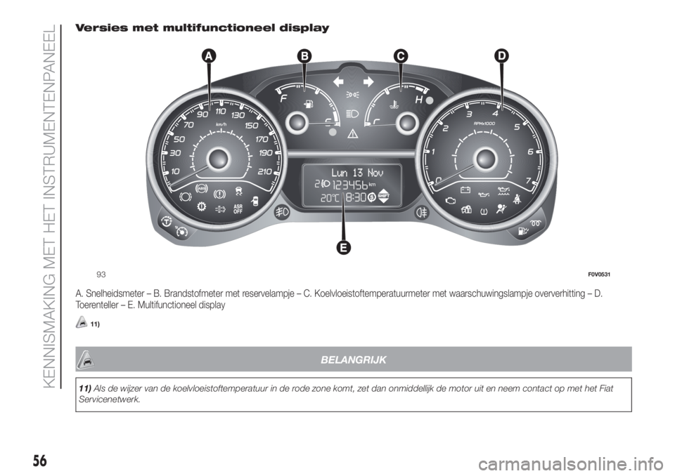 FIAT DOBLO PANORAMA 2018 Instructieboek (in Dutch) Versies met multifunctioneel display
A. Snelheidsmeter – B. Brandstofmeter met reservelampje – C. Koelvloeistoftemperatuurmeter met waarschuwingslampje oververhitting – D.
Toerenteller – E. Mu FIAT DOBLO PANORAMA 2018 Instructieboek (in Dutch) Versies met multifunctioneel display
A. Snelheidsmeter – B. Brandstofmeter met reservelampje – C. Koelvloeistoftemperatuurmeter met waarschuwingslampje oververhitting – D.
Toerenteller – E. Mu
