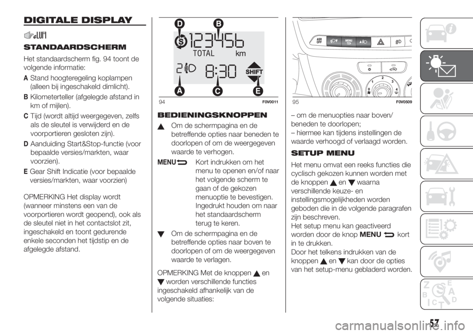 FIAT DOBLO PANORAMA 2018  Instructieboek (in Dutch) DIGITALE DISPLAY
STANDAARDSCHERM
Het standaardscherm fig. 94 toont de
volgende informatie:
AStand hoogteregeling koplampen
(alleen bij ingeschakeld dimlicht).
BKilometerteller (afgelegde afstand in
km