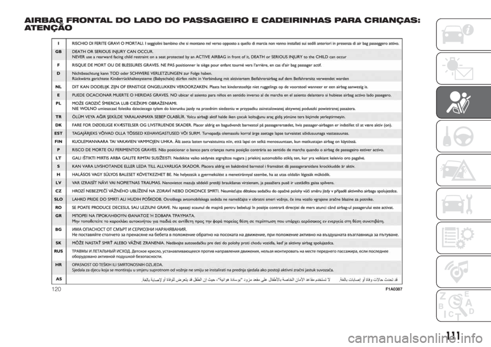 FIAT DOBLO PANORAMA 2018  Manual de Uso e Manutenção (in Portuguese) AIRBAG FRONTAL DO LADO DO PASSAGEIRO E CADEIRINHAS PARA CRIANÇAS:
ATENÇÃO
120F1A0387
111 