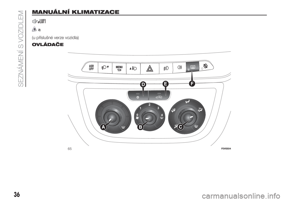 FIAT DOBLO PANORAMA 2018  Návod k použití a údržbě (in Czech) MANUÁLNÍ KLIMATIZACE
2)
(u příslušné verze vozidla).
OVLÁDAČE
65F0V0504
36
SEZNÁMENÍ S VOZIDLEM 