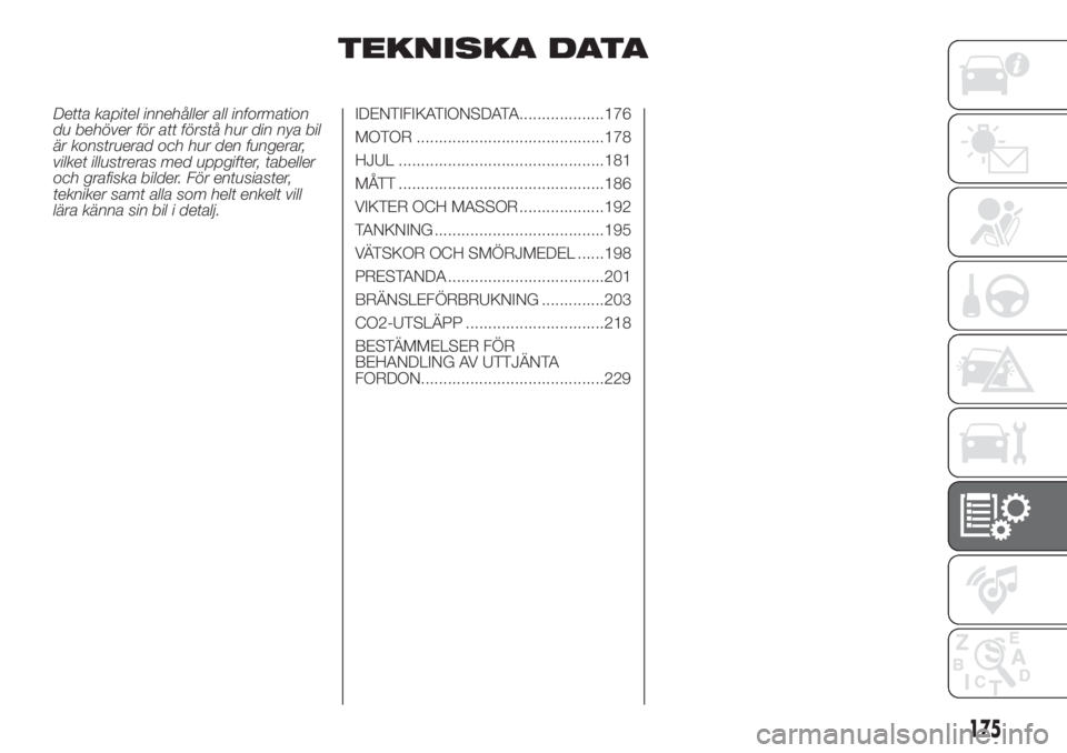 FIAT DOBLO PANORAMA 2018 Drift- och underhållshandbok (in Swedish) TEKNISKA DATA
Detta kapitel innehåller all information
du behöver för att förstå hur din nya bil
är konstruerad och hur den fungerar,
vilket illustreras med uppgifter, tabeller
och grafiska bild FIAT DOBLO PANORAMA 2018 Drift- och underhållshandbok (in Swedish) TEKNISKA DATA
Detta kapitel innehåller all information
du behöver för att förstå hur din nya bil
är konstruerad och hur den fungerar,
vilket illustreras med uppgifter, tabeller
och grafiska bild
