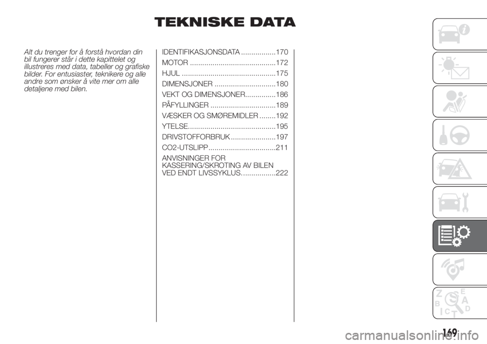 FIAT DOBLO PANORAMA 2018  Drift- og vedlikeholdshåndbok (in Norwegian) TEKNISKE DATA
Alt du trenger for å forstå hvordan din
bil fungerer står i dette kapittelet og
illustreres med data, tabeller og grafiske
bilder. For entusiaster, teknikere og alle
andre som ønsker
