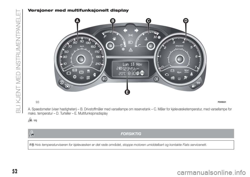 FIAT DOBLO PANORAMA 2018 Drift- og vedlikeholdshåndbok (in Norwegian) Versjoner med multifunksjonelt display
A. Speedometer (viser hastigheten) – B. Drivstoffmåler med varsellampe om reservetank – C. Måler for kjølevæsketemperatur, med varsellampe for
maks. temp FIAT DOBLO PANORAMA 2018 Drift- og vedlikeholdshåndbok (in Norwegian) Versjoner med multifunksjonelt display
A. Speedometer (viser hastigheten) – B. Drivstoffmåler med varsellampe om reservetank – C. Måler for kjølevæsketemperatur, med varsellampe for
maks. temp