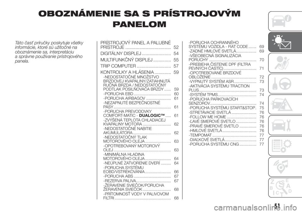 FIAT DOBLO PANORAMA 2018 Návod na použitie a údržbu (in Slovak) OBOZNÁMENIE SA S PRÍSTROJOVÝM
PANELOM
Táto časť príručky poskytuje všetky
informácie, ktoré sú užitočné na
oboznámenie sa, interpretáciu
a správne používanie prístrojového
panela FIAT DOBLO PANORAMA 2018 Návod na použitie a údržbu (in Slovak) OBOZNÁMENIE SA S PRÍSTROJOVÝM
PANELOM
Táto časť príručky poskytuje všetky
informácie, ktoré sú užitočné na
oboznámenie sa, interpretáciu
a správne používanie prístrojového
panela
